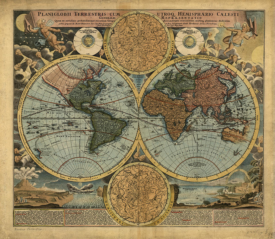 Large Framed Print Double Hemisphere World Map Vintage Style Picture Poster 
