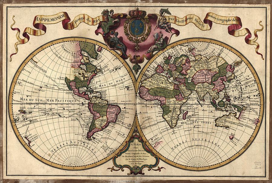 Antique Maps - Old Cartographic Maps - Antique Map Of The World, Double Hemisphere - Mappemonde Drawing