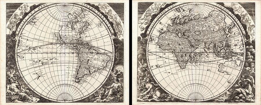Antique Maps - Old Cartographic maps - Antique Map of the World in Two Hemispheres, 1696 Drawing by Studio Grafiikka