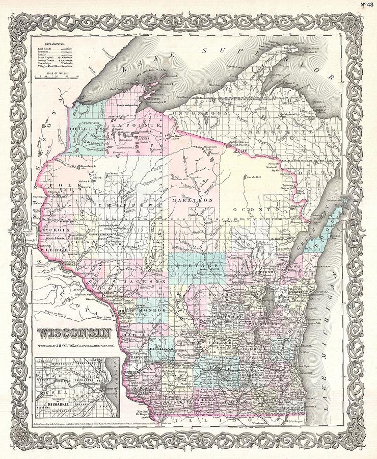 Antique Maps - Old Cartographic maps - Antique Map of Wisconsin, 1855 Drawing by Studio Grafiikka