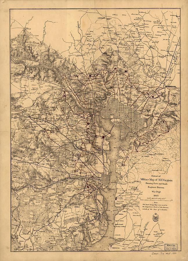 Antique Maps - Old Cartographic Maps - Antique Military Map Of North East Virginia, 1865 Drawing