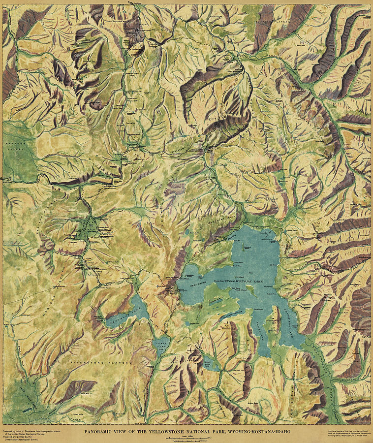 Antique Maps - Old Cartographic Maps - Antique Panoramic View Map Of The Yellowstone National Park Drawing