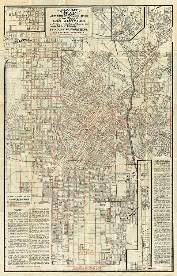 Antique Maps - Old Cartographic Maps - Antique Street Railway Map Of The City Of Los Angeles, 1908 Drawing