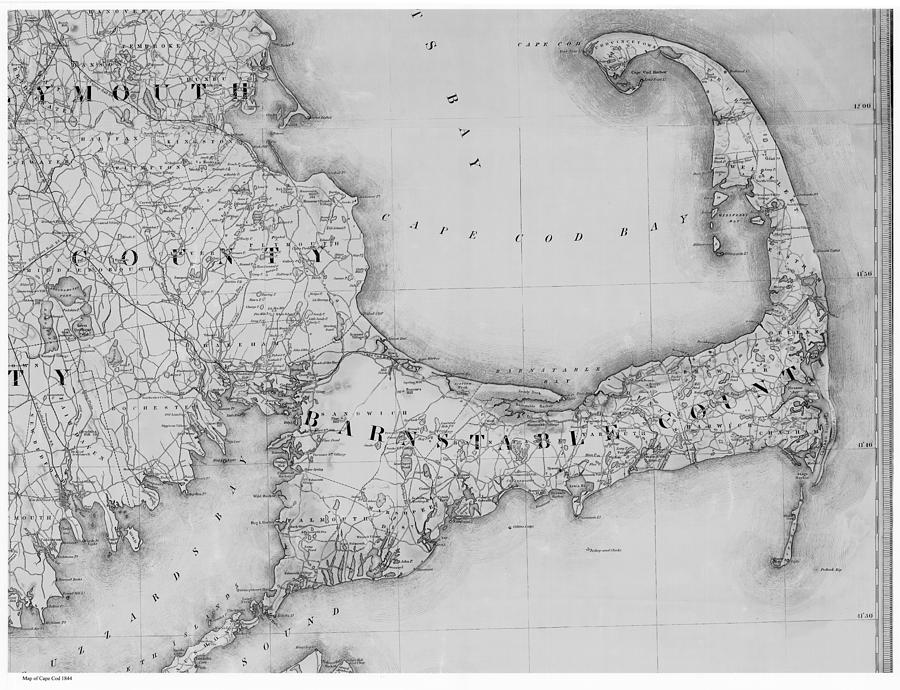 Map Drawing - Antique Maps - Old Cartographic maps - Old Map of Cape Cod, 1844 by Studio Grafiikka