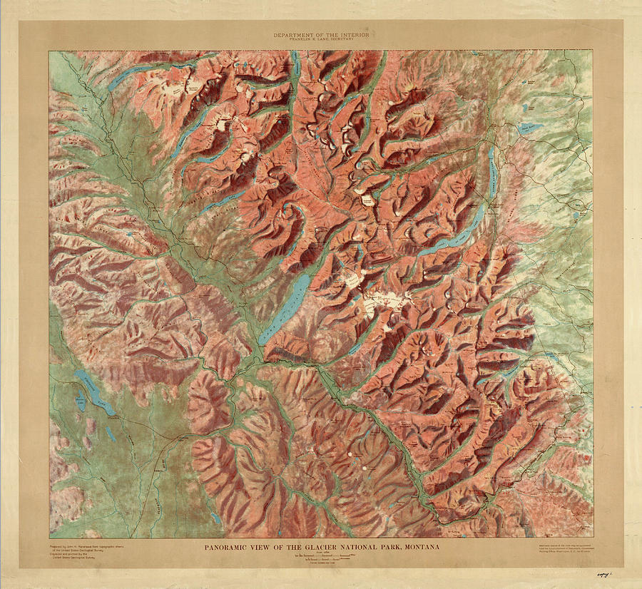 Antique Maps - Old Cartographic maps - Relief Map of Glacier National Park, Montana Drawing by Studio Grafiikka