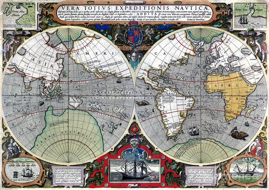 Vintage Drawing - Antique old world map 1595 Restored by Vintage Treasure