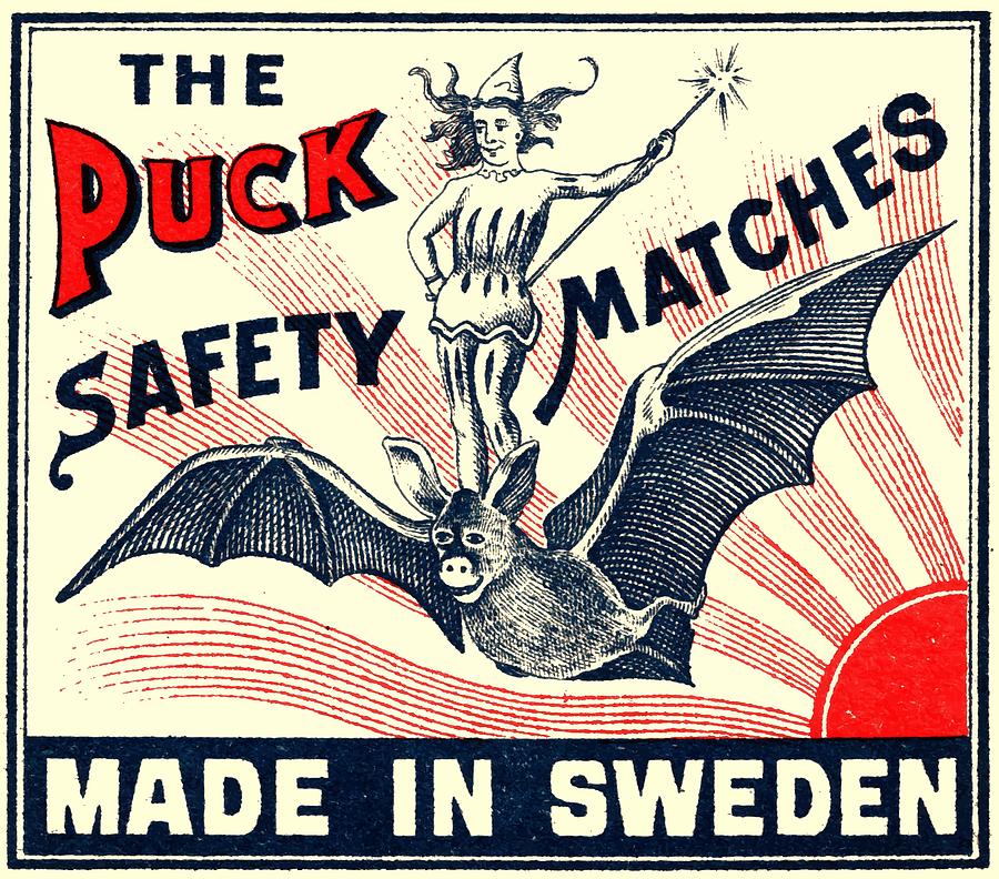 Fairy Digital Art - Antique Puck Riding Bat Swedish Matchbox Label by Retro Graphics