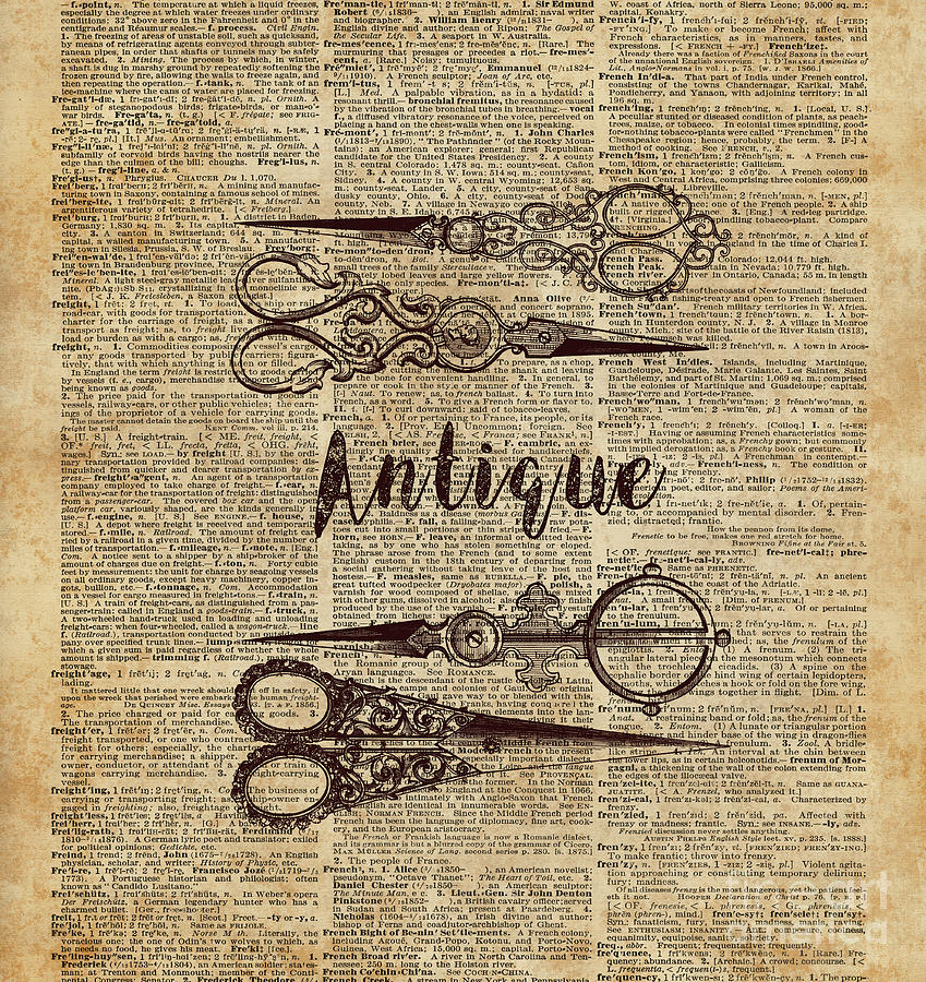 Vintage Digital Art - Antique Scissors Old Book Page Design by Anna W