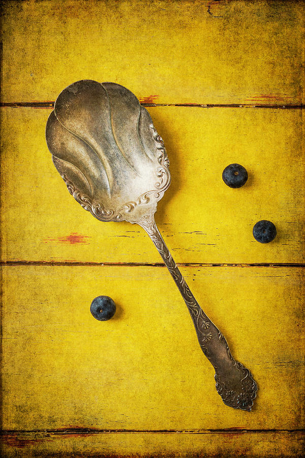 Vintage Photograph - Antique Spoon And Blueberries by Garry Gay