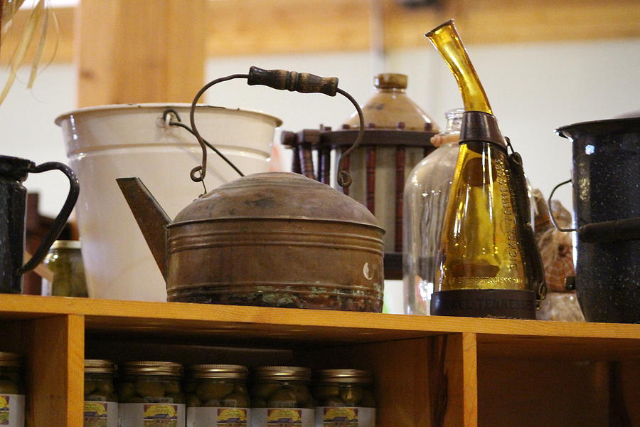 Antique Teakettle and Amber Bottle Photograph by Colleen Cornelius