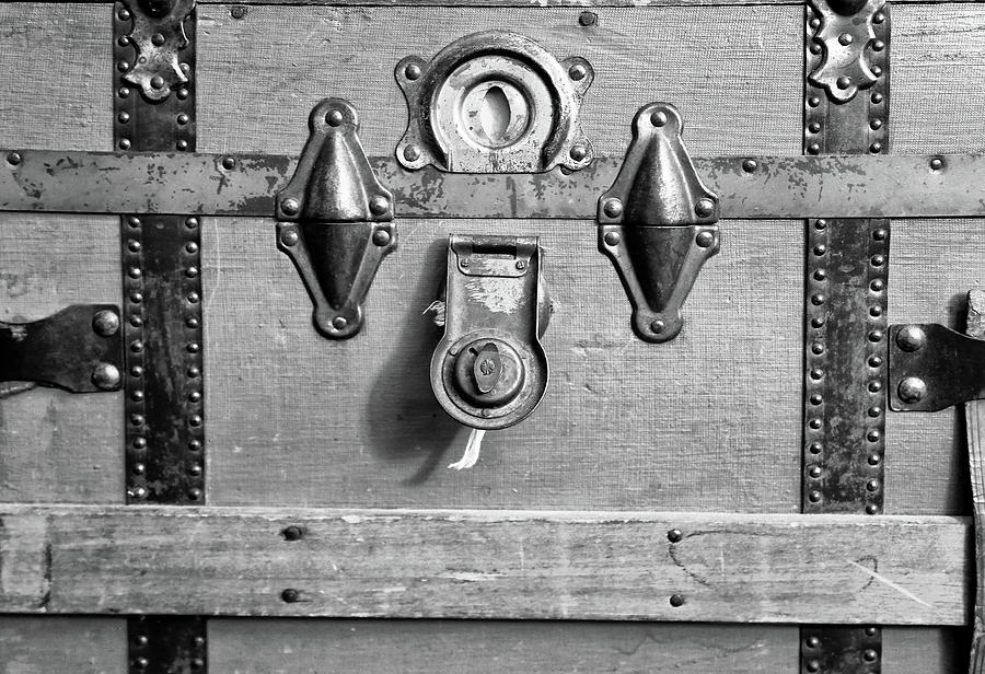 Antique Trunk Face Detail 4 BW Photograph by Mary Bedy