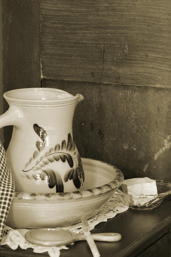 Antique Vanity Set and Stoneware Water Pitcher in Sepia Tones Photograph by Colleen Cornelius
