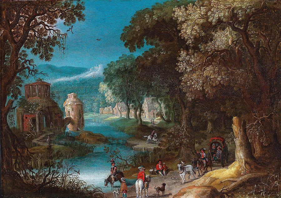 Anton Mirou Frankenthal Before 1586 - After 1653 A River Landscape With A Horse-drawn Cart And Tra Painting
