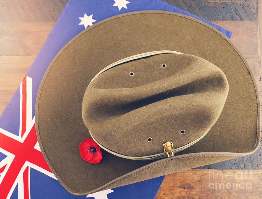 ANZAC slouch hat on flag.  Photograph by Milleflore Images