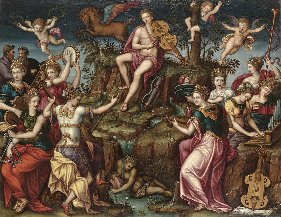 Apollo and Parnassus Painting by After Luca Penni
