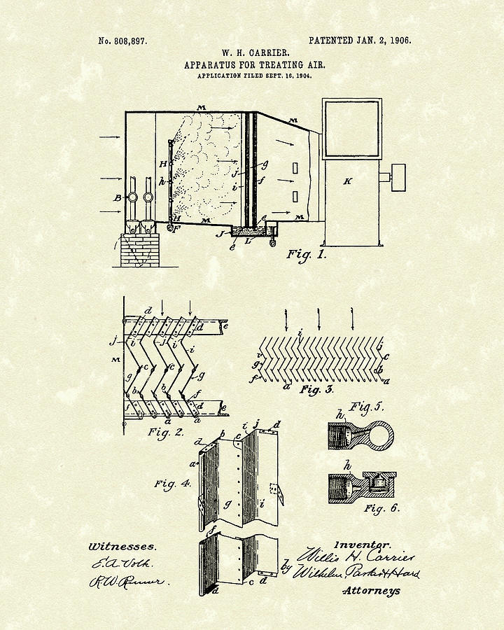 Apparatus for Treating Air 1906 Carrier Patent Art Drawing by Prior Art Design