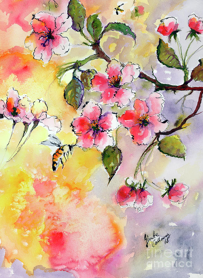 Apple Blossoms and Bee Watercolor Painting by Ginette Callaway
