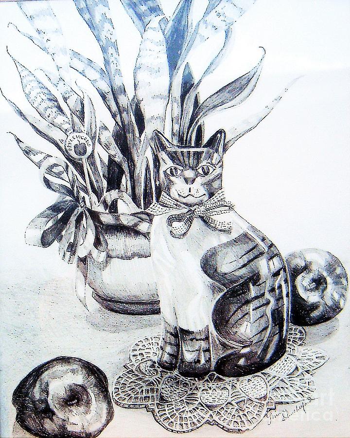 Apple Cat Still    Drawing by Linda Shackelford