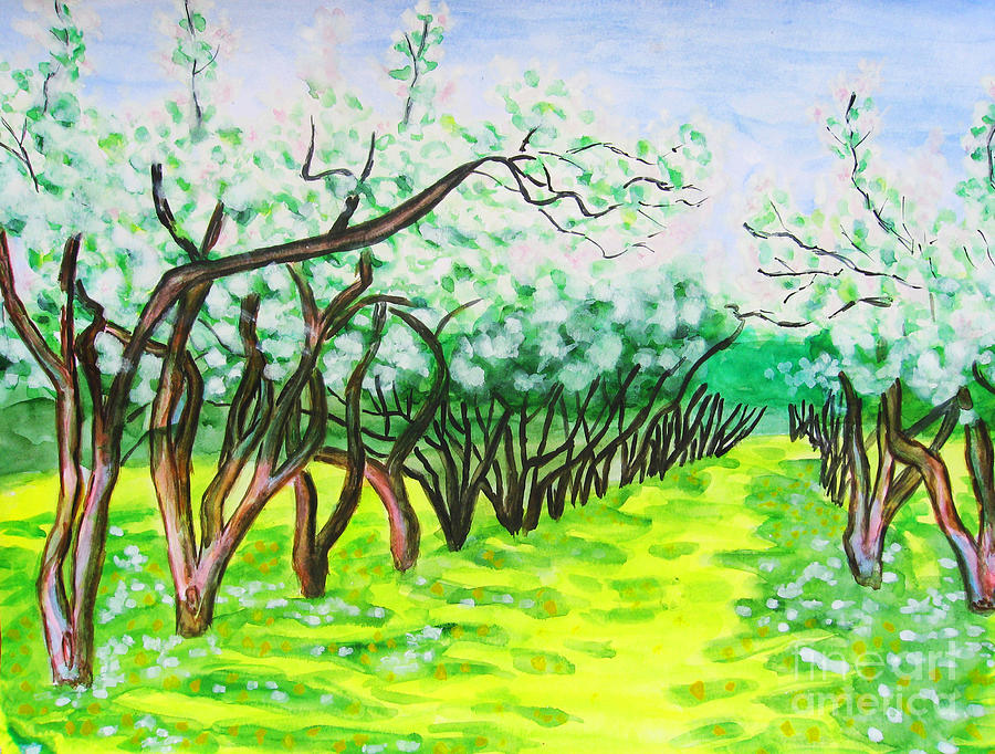 Apple garden in blossom Painting by Irina Afonskaya
