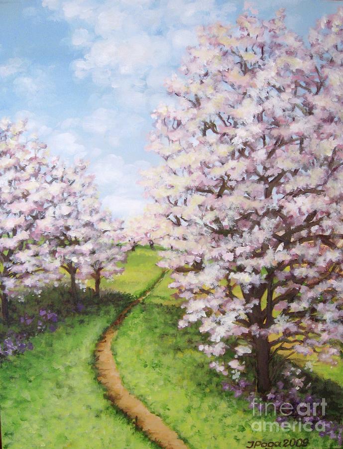 Apple trees along the path Painting by Inese Poga