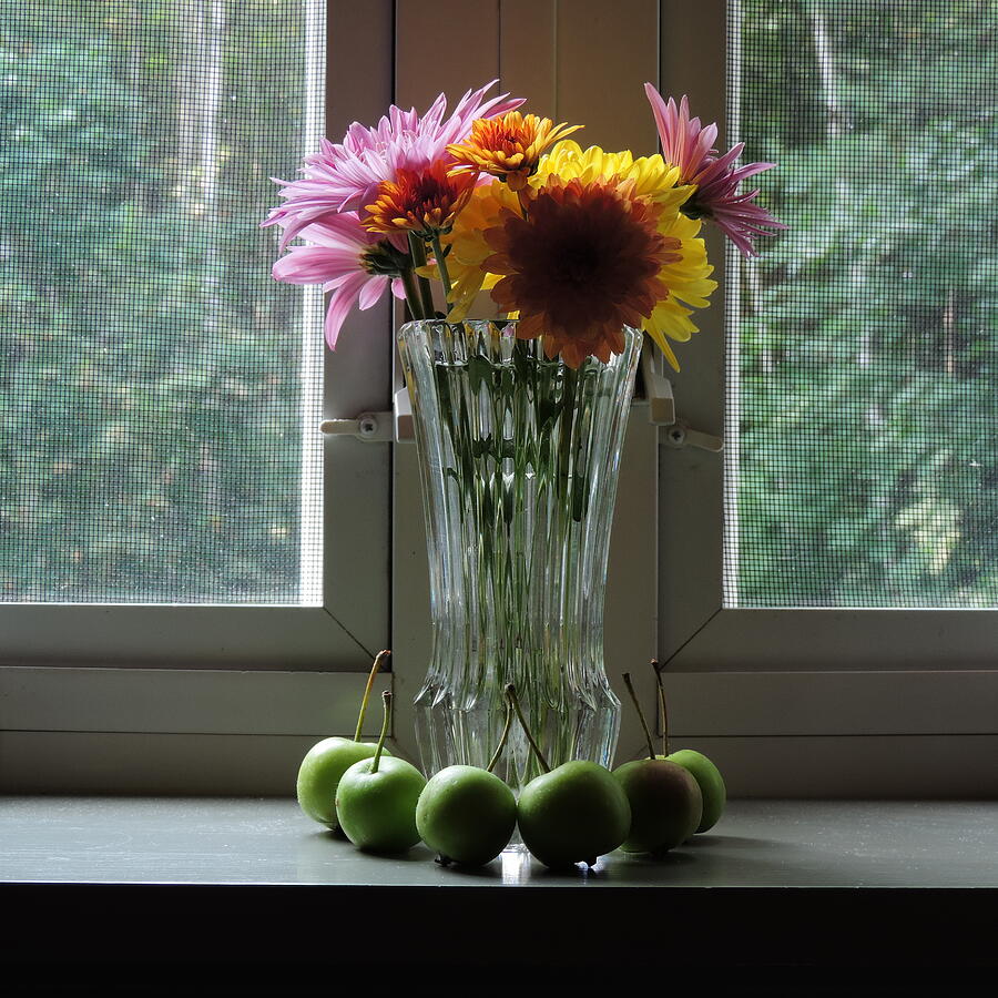 Apples and Flowers on a Window Sill Photograph by Bill Tomsa