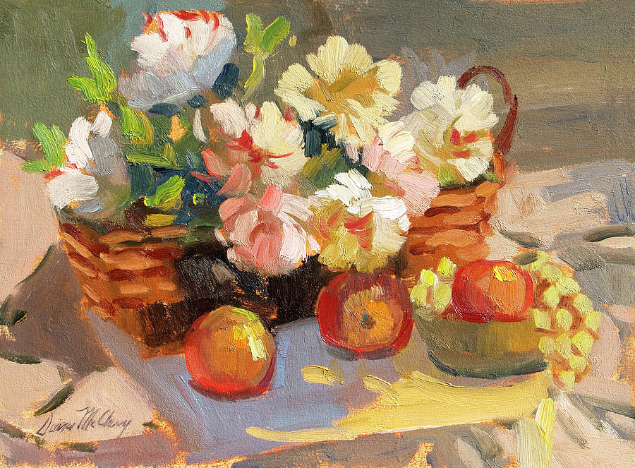 Apples and Peonies Painting by Diane McClary