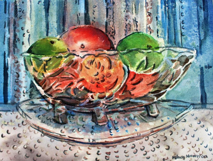 Apples in a Glass Bowl Painting by Mindy Newman