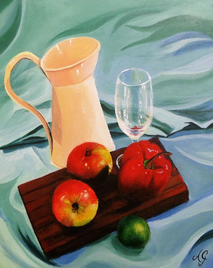 Apples, lime and capsicum Painting by Anne Gardner