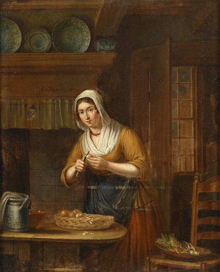 Apples peeling in the kitchen Painting by Elisabeth Alida Haanen