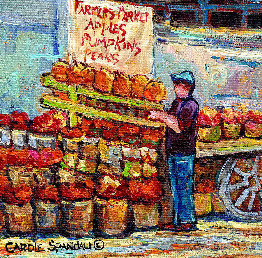 Apple Picking Time At Farmers Fruit Stand Market Scene Canadian Paintings C Spandau Artist         Painting by Carole Spandau