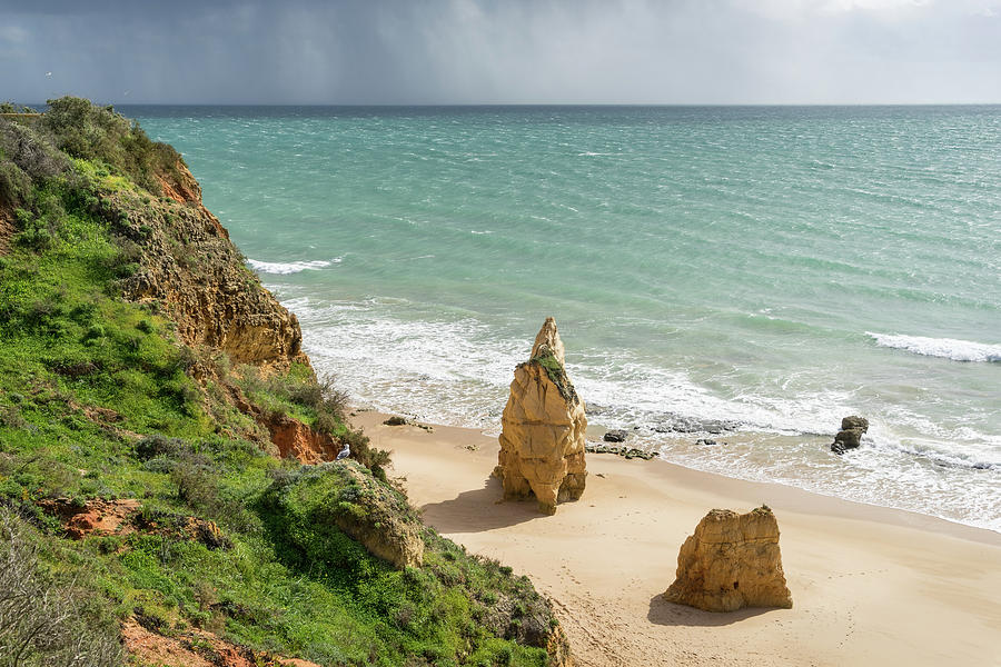 Stormy Sky Photograph - Approaching Storm - Rocky Coast at Praia da Rocha in Algarve Portugal by Georgia Mizuleva