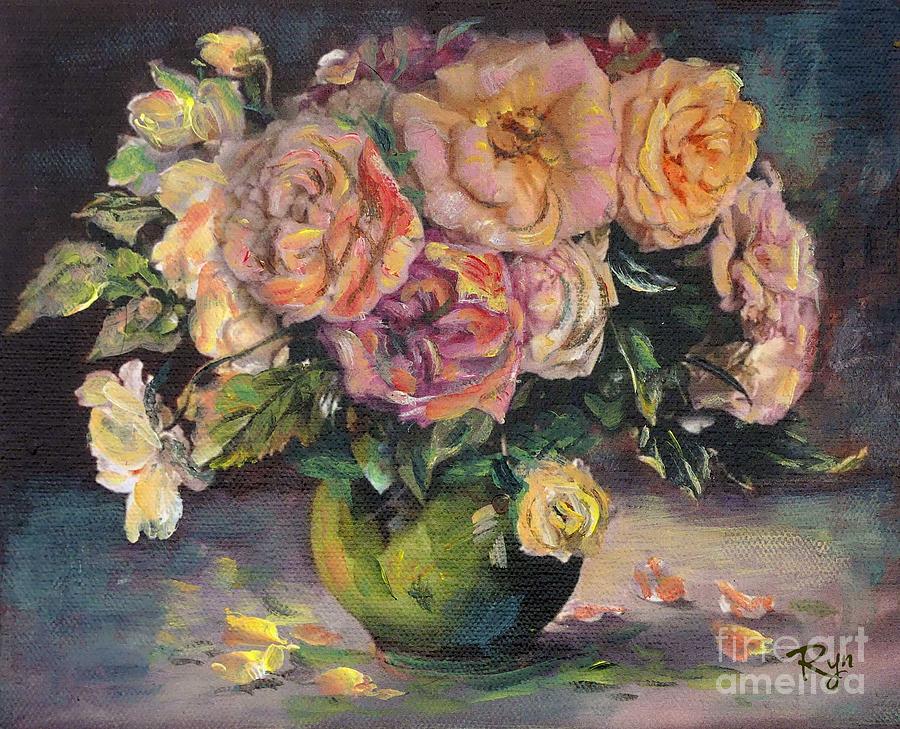 Apricot Roses in Green Vase Painting by Ryn Shell