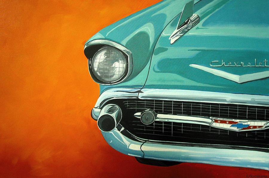 Aqua 1957 Chevy Bel Air - folk art Painting by Debbie Criswell