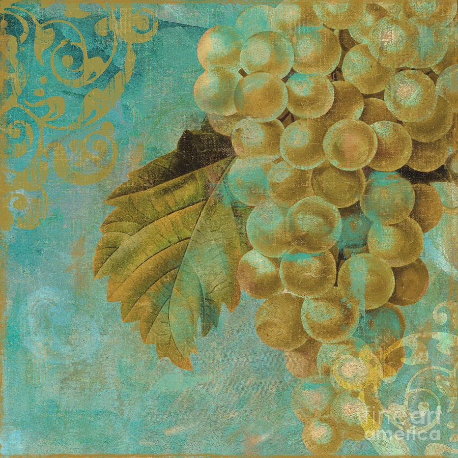 Painted Grapes Painting - Aqua and Gold Grapes by Mindy Sommers