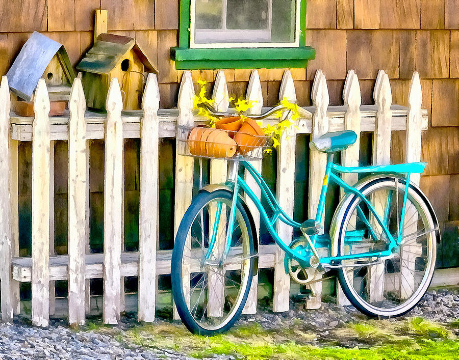 Bicycle Photograph - Aqua Antique Bicycle along Fence by Betty Denise