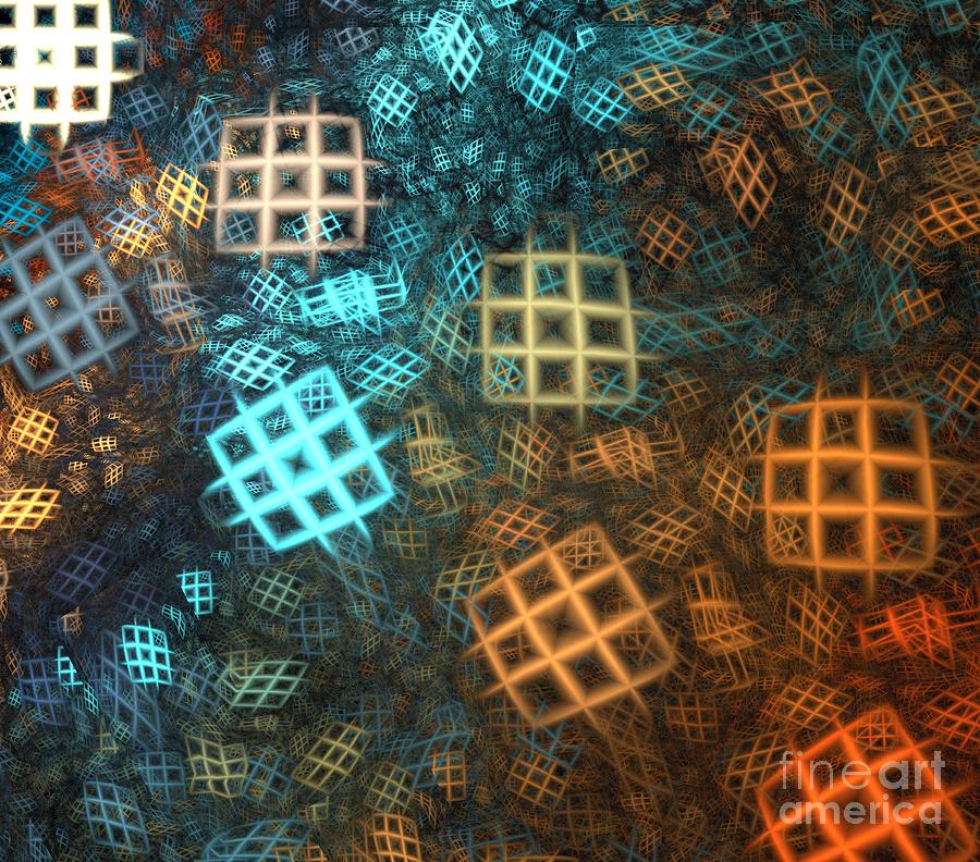 Abstract Digital Art - Aqua Orange Cubes by Kim Sy Ok