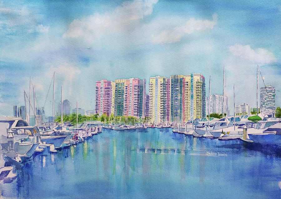 Aqua Towers and the Marina in Long Beach Painting by Debbie Lewis