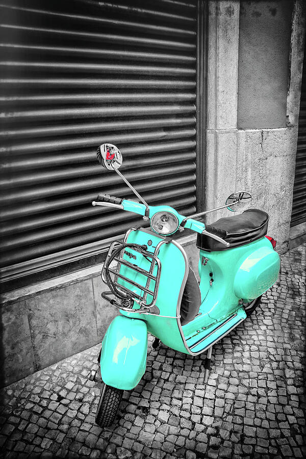 Aqua Vespa Scooter Lisbon Portugal in Black and White Photograph by Carol Japp