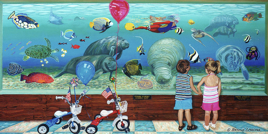 Aquarium with Twins Towel version Painting by Bonnie Siracusa