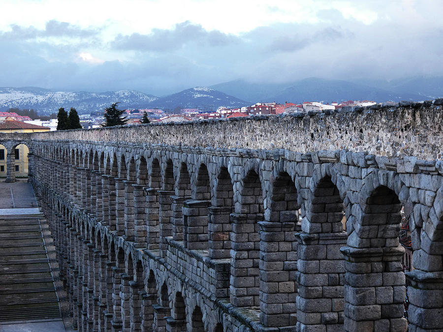 Aqueduct of Segovia with Mountains and Stairs Photograph by Alan Socolik