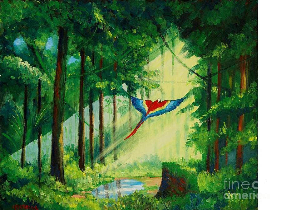 Ara volando en el bosque Painting by Jean Pierre Bergoeing