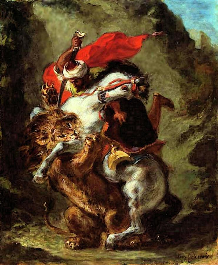 Arab Horseman Attacked by a Lion Painting by Eugene Delacroix