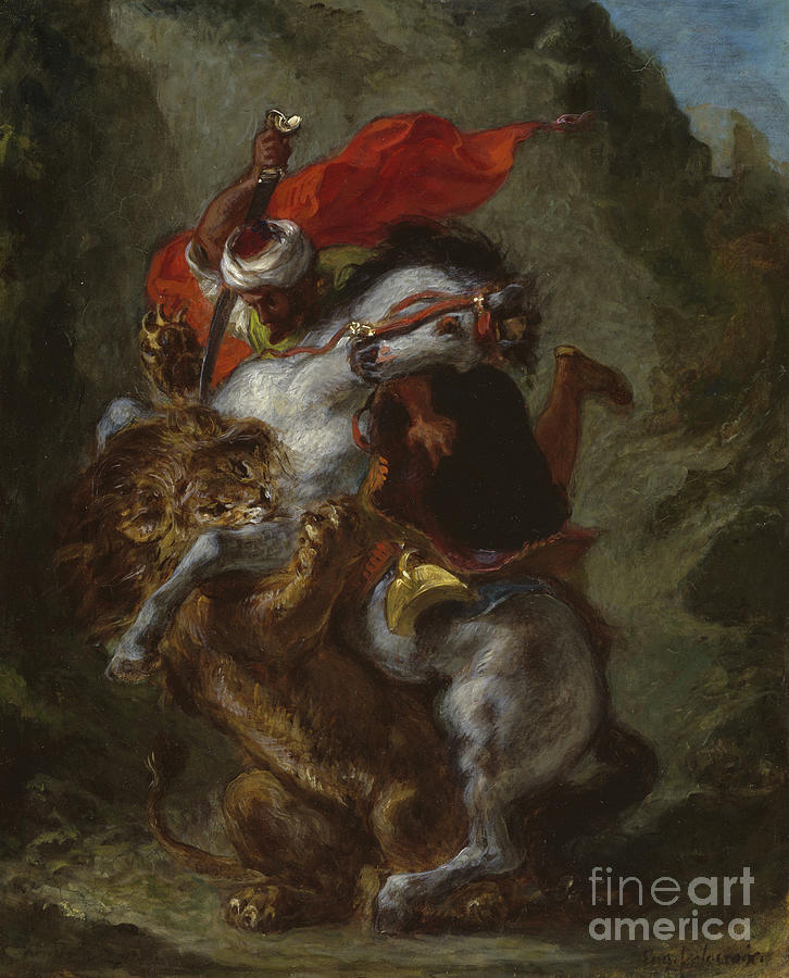 Animal Painting - Arab Horseman Attacked by a Lion by Eugene Delacroix