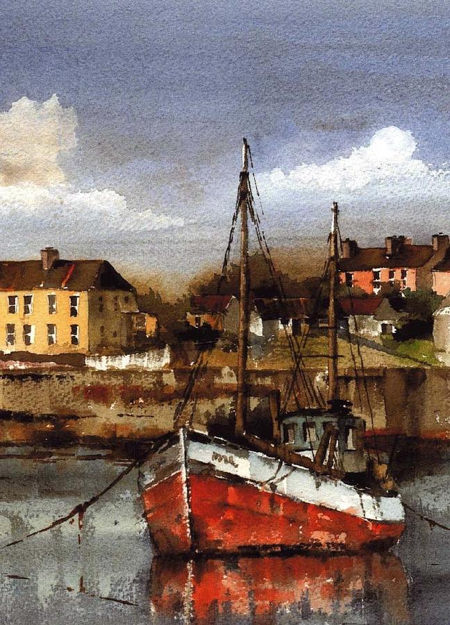 Aran.... Red trawler at Kilronan Painting by Val Byrne