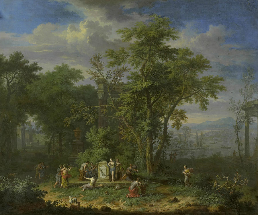 Arcadian Landscape with a Ceremonial Sacrifice Painting by Jan van Huysum