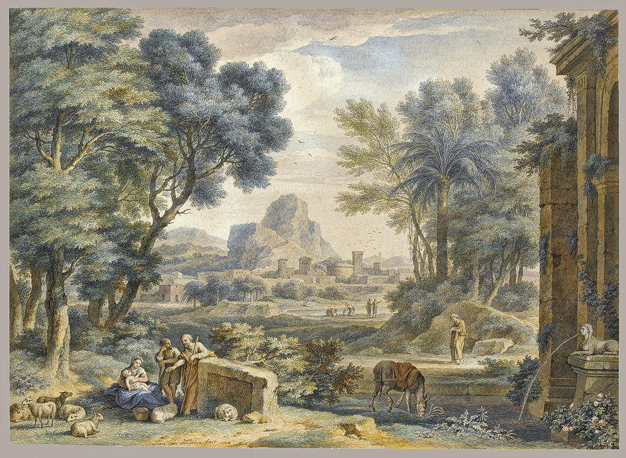 Arcadian Landscape with the Rest on the Flight into Egypt Drawing by Jan van Huysum