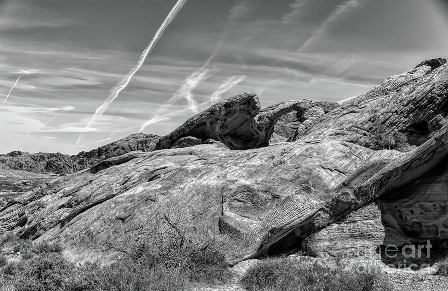 Las Vegas Photograph - Arch Chem Trails Black White Valley of Fire  by Chuck Kuhn