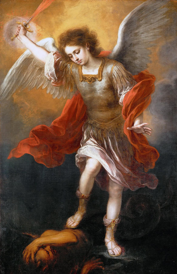 Archangel Michael Hurls the Devil into the Abyss Painting by Bartolome Esteban Murillo