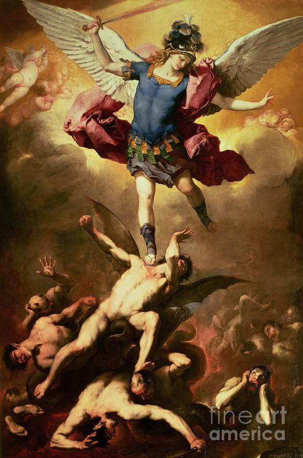 Luca Giordano Painting - Archangel Michael overthrows the rebel angel by Luca Giordano