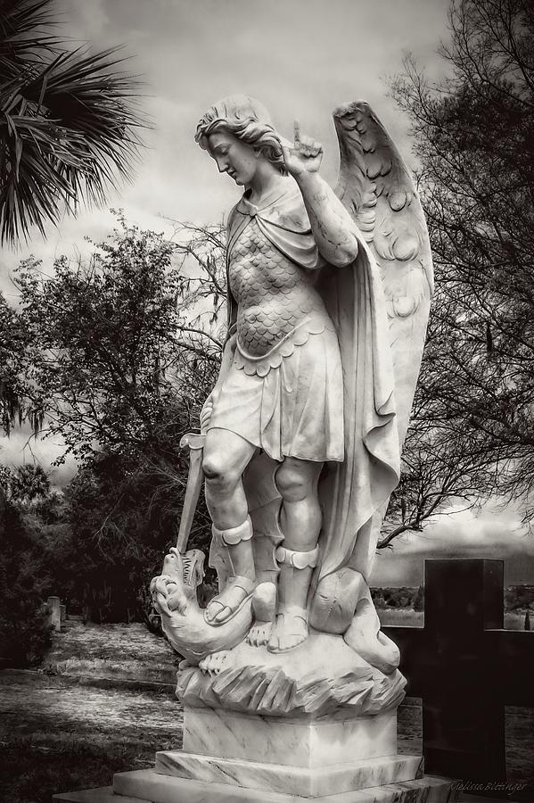 Archangel Photograph - Archangel Michael Slaying Dragon b/w by Melissa Bittinger